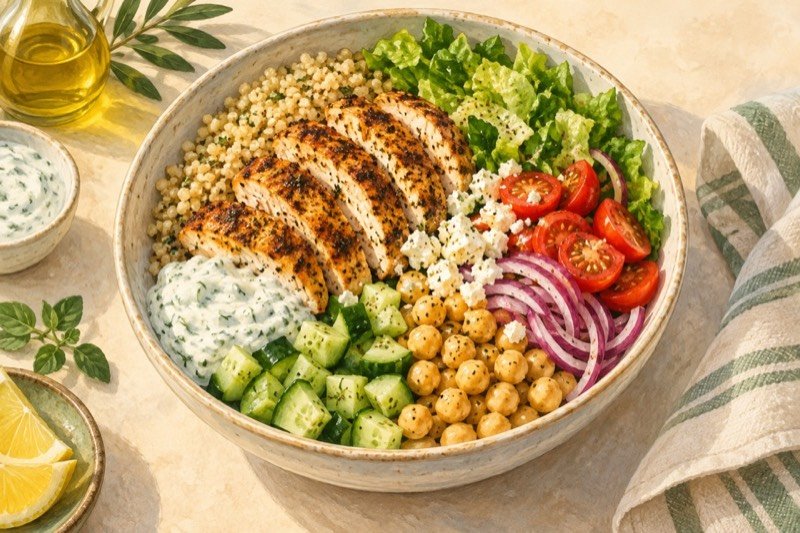 Family Greek Chicken Crunch Bowls